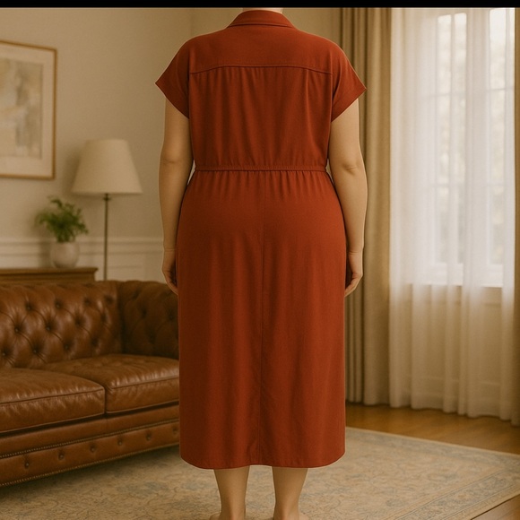 Old Navy Dress 3X Button-Front Shirt Dress Rust Drawstring Waist Pockets NWT - Picture 3 of 6